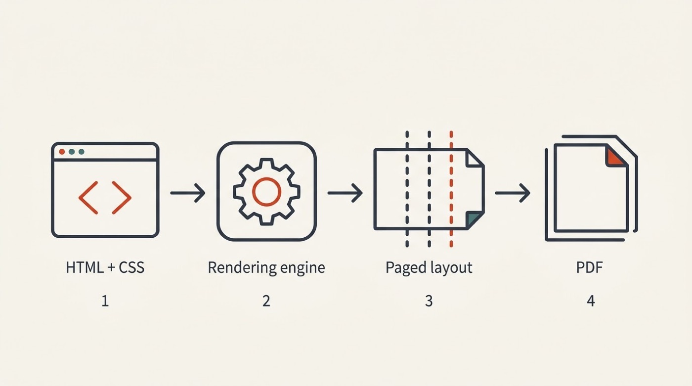 Pipeline diagram: HTML and CSS go through a rendering engine, get paginated, and come out as a PDF