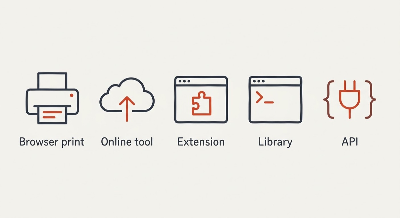 Five icons for the five routes to a PDF: browser print, online tool, browser extension, library, API