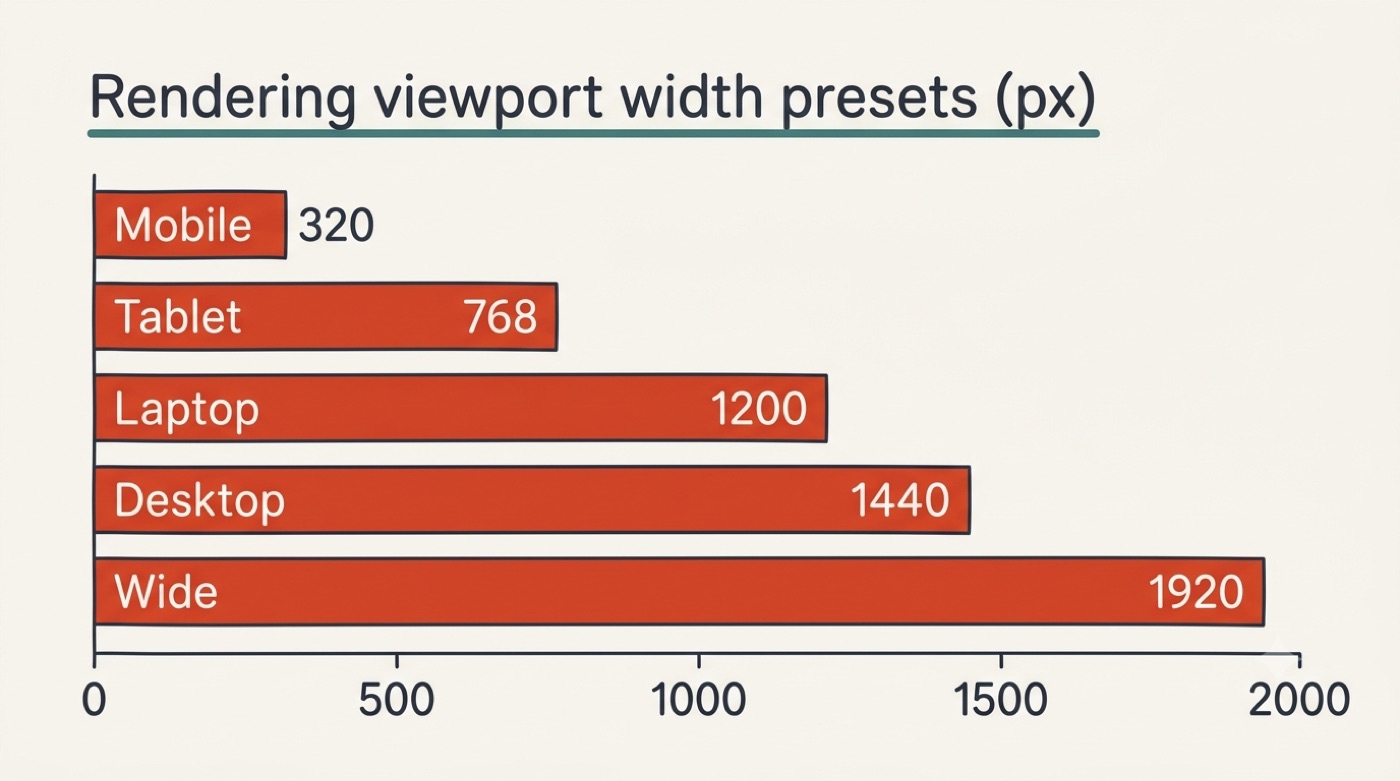 Bar chart of rendering viewport width presets: mobile 320, tablet 768, laptop 1200, desktop 1440, wide 1920 pixels
