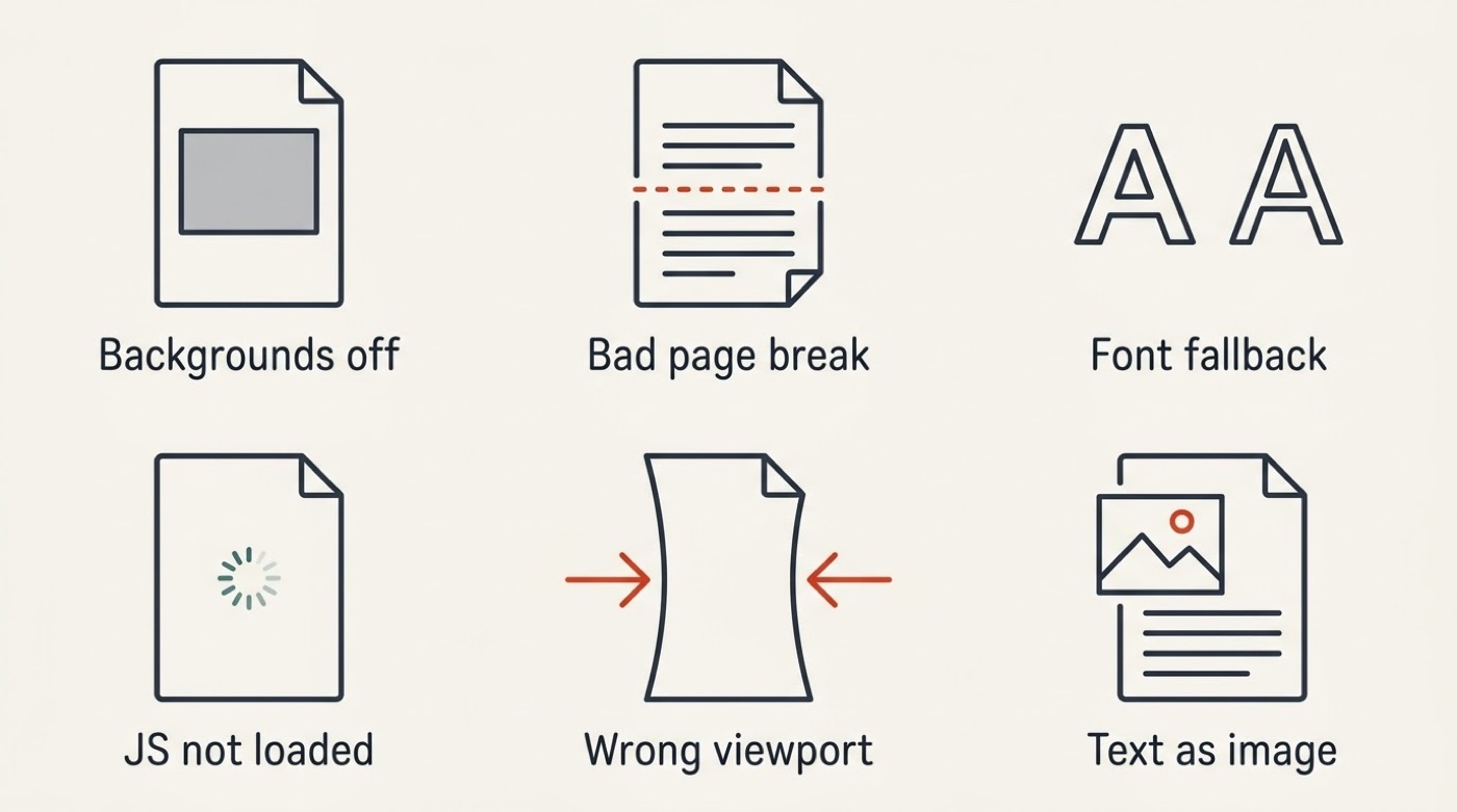 Six icons for six reasons a PDF does not match the page: backgrounds off, bad page break, font fallback, JavaScript not loaded, wrong viewport, text as image