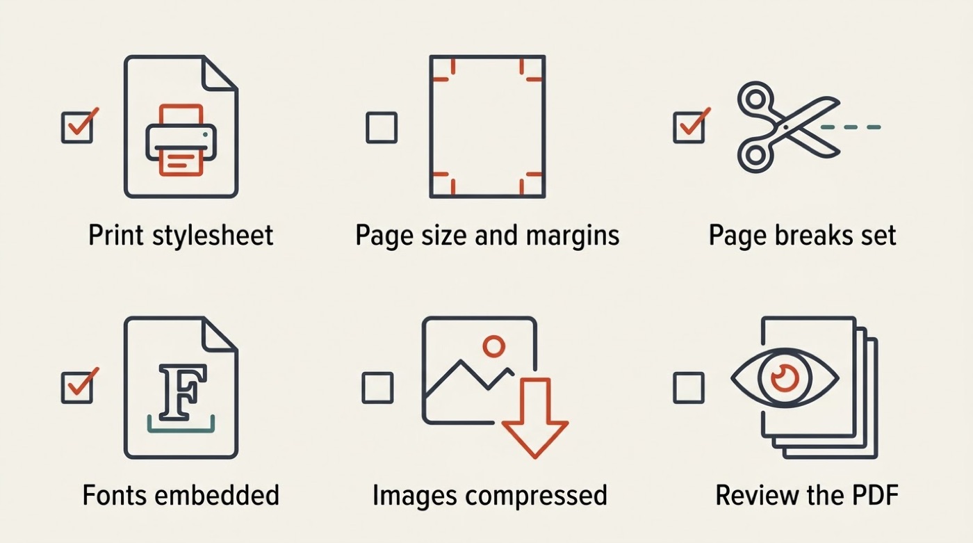 Checklist of six pre-conversion steps: print stylesheet, page size and margins, page breaks, embedded fonts, compressed images, reviewing the PDF